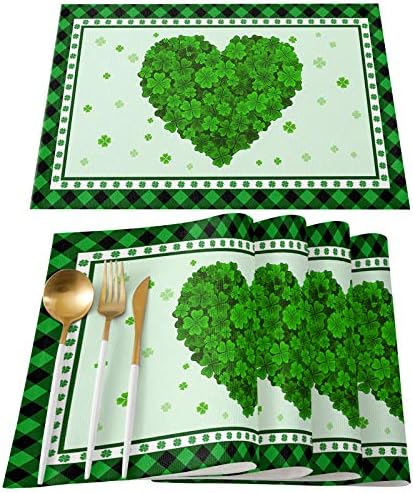 Happy St. Patrick's Day Placemats Set of 6, Cotton Linen Heat Resistant Table Mats Non-Slip Washable Heart Shape Clover Shamrock Green Buffalo Placemat for Holiday Banquet Dining Kitchen Table Decor