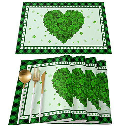 Happy St. Patrick's Day Placemats Set of 6, Cotton Linen Heat Resistant Table Mats Non-Slip Washable Heart Shape Clover Shamrock Green Buffalo Placemat for Holiday Banquet Dining Kitchen Table Decor