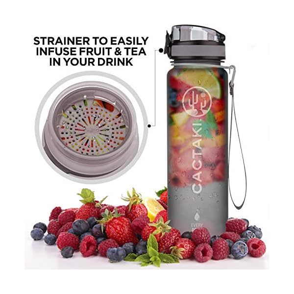 Cactaki 32 oz Water Drinking Bottle with Time Marker, Straw & Strap - Stay Hydrated - Hydration Tracker & Reminder to Drink - Daily & Hourly Measurement Markings - Leak Spill Proof & BPA Free - Grey