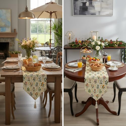 Image of COZY FURNISH Luxury Floral Table Runner for Dining Table - Soft Microfiber Cotton Bed Runner with Tassels | Decorative Runner for Kitchen, Bedroom & Centre Table