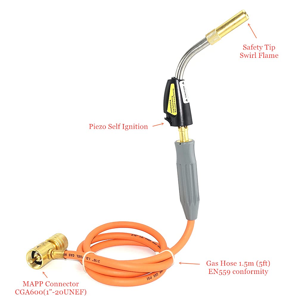 Braze Welding Torch Self Ignition 1.5m hose CGA600 connection suitable for Propane MAPP Catridge Cylinder Gas Welding Torch Heat