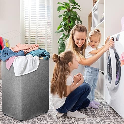 70L Laundry Hamper with Wheels, Collapsible Rolling Laundry Basket with Lid, Easy Transportation Laundry Organizer with Bamboo Handle for Living Room, Bedroom, Laundry Room