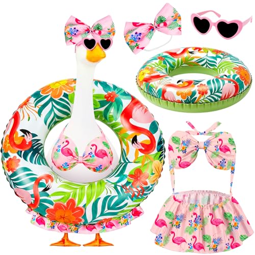 Gmurnai Porch Goose Summer Outfit 23 Inch Hawaiian Bikini Costume Accessories Include Bow Sunglasses & Swim Ring Fits Cement Goose Statue for Garden Patio Yard Outdoor Decor (Flamingo)