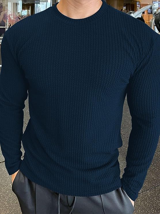 Image of Men's Polyester T-Shirt with Round Neck Long Sleeves Solid Pattern Regular Fit and Standard Length | Mans T Shirts for Casual