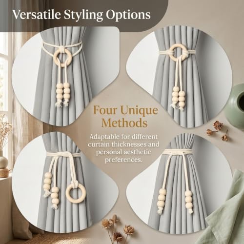 Image of HASTHIP 2 Pack Cotton Rope Curtain Tiebacks Boho Handwoven Holdbacks | Handwoven boho cotton rope curtain tiebacks with wood ring for living room bedroom window decor