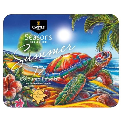 Castle Art Supplies 72 Summer Colouring Pencils Set Wax-Based Colouring Pencils with Soft Core Summery Inspired Palette for Experienced Artists in Tin Presentation Box Seasons Collection