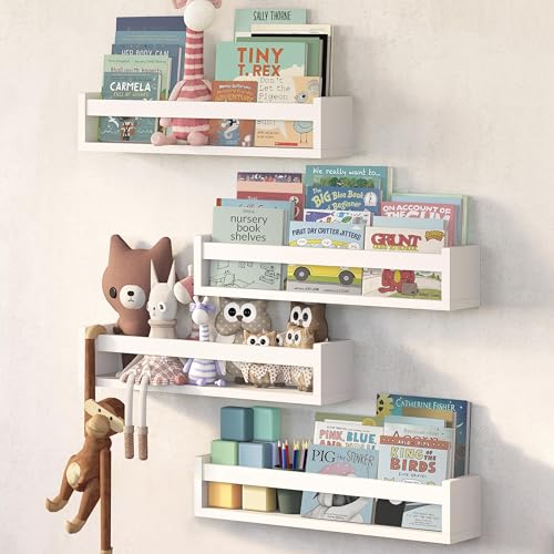 Image of naturesupplies Set of 4, White Floating Nursery Book Shelves, 23.1" Solid Wood Floating Bookshelves, Wall Book Shelf for Kids Rooms Decor, Toys & Playroom Furniture, Kids Bookshelf, Nursery Bookshelf