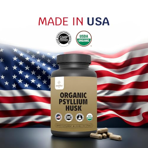Image of Organic Psyllium Husk Capsules 750 mg, Natural Fiber Supplement for Gut Health* - Alternative to Psyllium Husk Powder, Zealthy Life, 250 Capsules