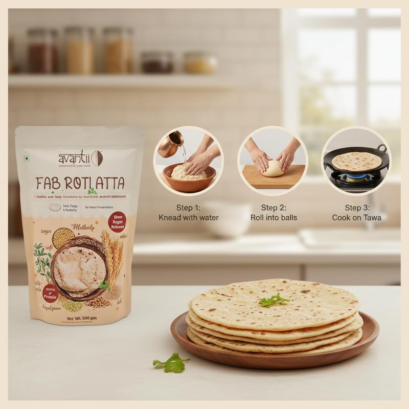 Image of Avantii Diabetic Fab Roti Atta | Soft Fluffy Rotis | High In Protein and Fiber | Flour | Breakfast | Instant Mix | Healthy Breakfast | 100% Natural Ingredients Each - 500g Pack of 2