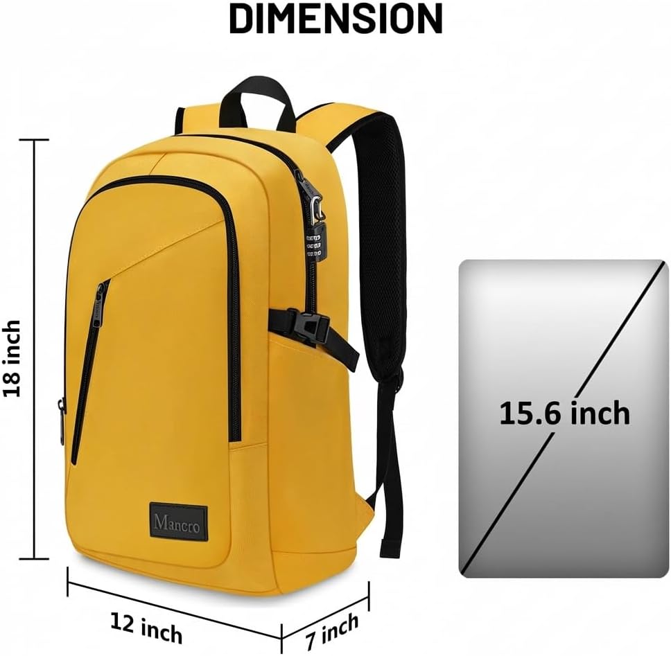 Mancro Travel Laptop Backpack, 15.6 in Anti Theft Backpack for Women Men, Computer Bag Fits 15.6 Inch Laptop and Notebook Backpack Gift, Yellow