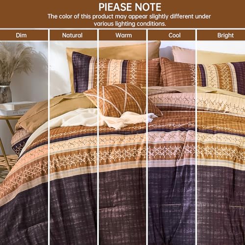 Image of Dintszyayue Boho King Comforter Size Set, 8 Pieces Striped Texture Gold Purple Bed in a Bag Sets, Lightweight Soft Bohemian Comforter and Sheet Set, All Season Microfiber Bedding Sets for Men Women