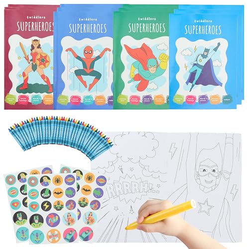 THE TWIDDLERS 12 Mini Libri da Colorare per Bambini, Formato A5 - 16 Divertenti Disegni Assortiti con 48 Pennarelli e Adesivi Inclusi – Regalini Fine Festa Fai da Te per Bimbi e Bimbe da 4 a 8 Anni