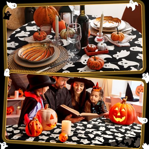 Image of Ganeen 6 Pcs Halloween Plastic Tablecloths 84 Inch White Black Ghost Disposable Table Cover Plastic Round Ghost Spooky Tablecloths Decoration for Halloween Baby Shower Party Supplies