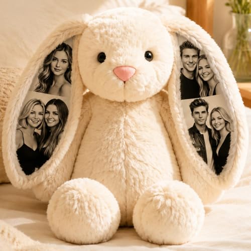 Personalised Photo Bunny Teddy Bear Custom Keepsake Picture Memory Handmade Fluffy Rabbit Teddy Bear Stuffed Animal Girl Gift for Birthdays & Special Occasions Decorations
