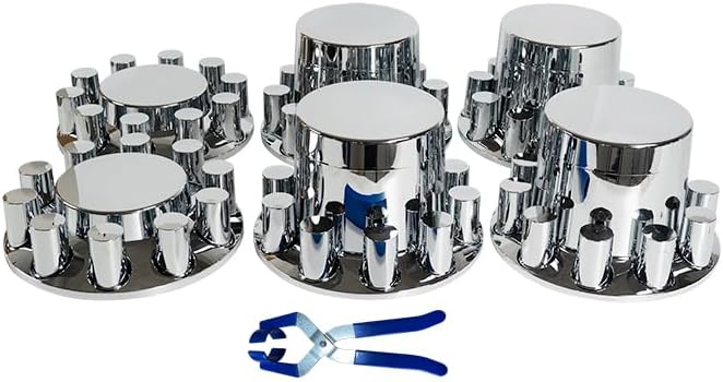 MRJLK 33mm Axle Cover Chrome ABS Flat Top Hub Cover Kit with 33mm Thread-on Lug Nut Covers 2 Front and 4 Rear Axle Wheel Covers and Removable Center Caps for Semi Trucks, Trailer (2 Front and 4 Rear)