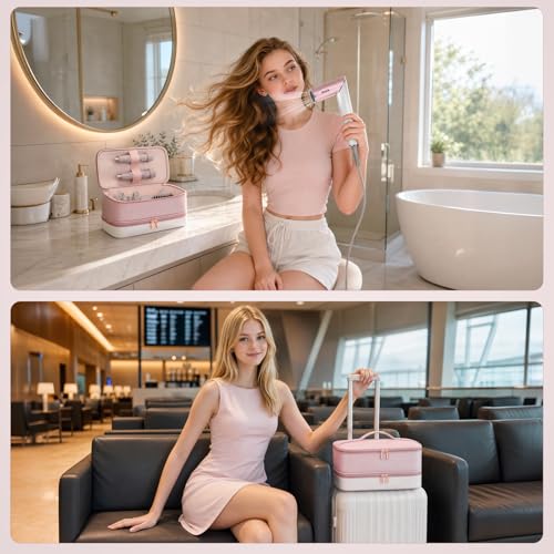 Image of Travel Hair Dryer Case for Shark Glam, Portable Hair Tools Bag for Shark FlexFusion, Double-Layer Storage Carrying Case for FlexStyle Blow Dryer, Silki Straightener & Glossi Attachments Holder (Pink)