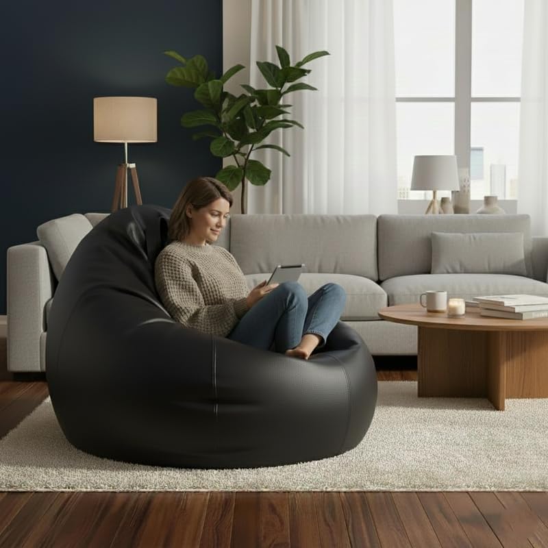 Image of LEXAVI Brand - XXXXXXL Jumbo Bean Bag Chair with Footrest Premium Imported Soft Faux Leather, Extra Comfortable and Big Size to Other Bean Bags Without Beans (Cover Only) I Color- (6XL-Black)