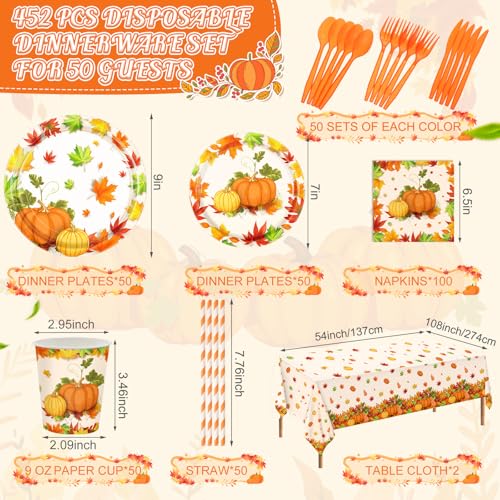 Image of Funnymoom 452 Pcs Thanksgiving Fall Party Decorations for 50, Pumpkin Maple Leaf Thanksgiving Paper Plates Napkins Cups Tablecloth Cutlery Straws for Harvest Autumn Birthday Holiday Party Supplies