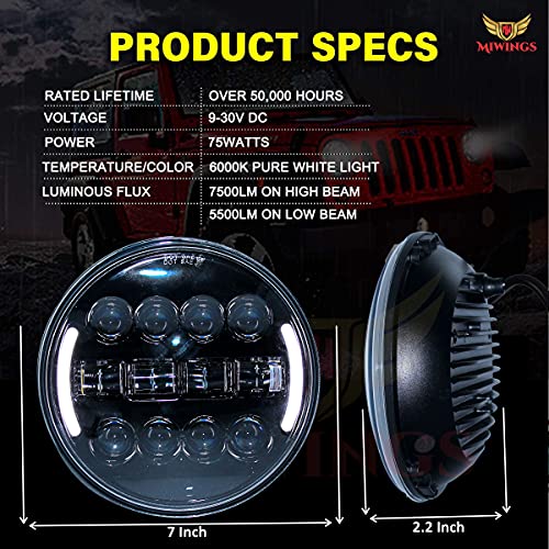 Image of Miwings 7 inch Round LED Stylish HC8CB4HID Hi /Low Beam Headlight 75W H4 Compatible with Royal Enfield, Jeep, Thar, motorcycle, Cars, Harley Davidson (Color Amber & White) (Pack of 1)
