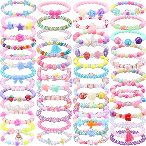 Ecally 50 Pcs Kids Bracelets for Girls Bulk Colorful Beaded Bracelets Little Girls Party Favors Easter Birthday Jewelry Gift for Kids Toddler