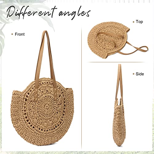 Women Straw Bag Round Handwoven Summer Beach Tote Bag Natural Chic Vacation Shoulder bag3