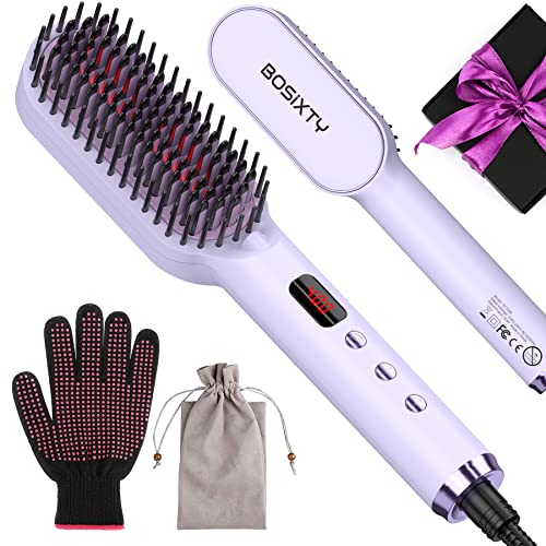 Negative Ion Hair Straightener Brush, Ceramic Hot Brush Straightener Hair Straightening Brush with 6 Temps, 1H Auto-off, Anti-scald Straightener Comb