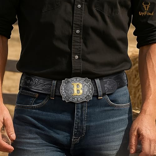 Western Cowboy Leather Belt Men Women, Gold Initial Letters ABCJMZ Buckle Embossed Belt for Jeans