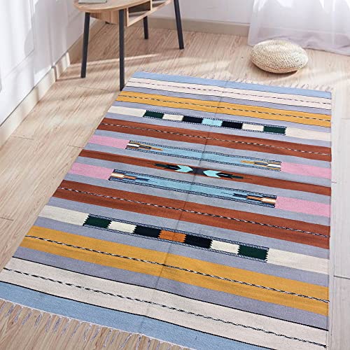 BUDHRAJ RUGS Handwoven 4x6 Multicolour Cotton Kilim Dhurrie Rug � Ideal Durry Mat for Entryway, Living Room, Bedroom � Vibrant Dari Rug for Layered Floor Decor and Comfort