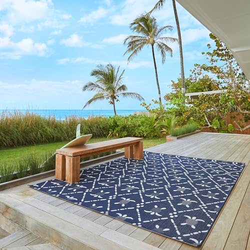 Gertmenian Indoor/Outdoor Kona Coast by Reyn Spooner Rug - 6x9 Medium, Stain & UV Resistant, Ideal for Deck, Patio, Poolside Rooms - Turtle Geometric, Navy Blue, 46659