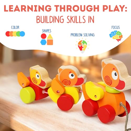 Image of Cubika Wooden Walk Along Ducks - Pull Toys for Toddlers Ages 1-3 - Montessori Inspired, FSC-Certified Wood, German Water-Based Paint - Travel-Friendly Wooden Toy for Boys and Girls