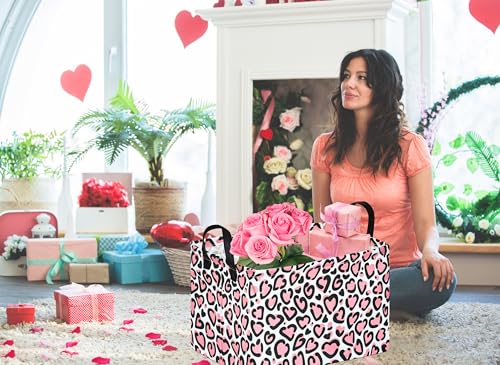 Image of Rectangle Gift Storage Basket Home Shelf Storage Basket Organizer Box Clothes Laundry Hamper Nursery Basket Laundry Basket with Handles (Leopard Heart)