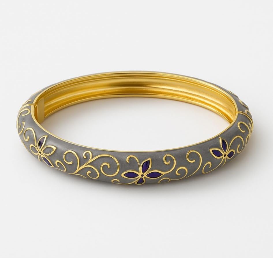 Zarif Mineli Altın Rengi Emaye Bilezik, Çiçek Desenli, Metal Bangle Tasarım, Kadın Takı Aksesuarı Kelepçe (gri) 18cm çap 6cm - Görsel 3