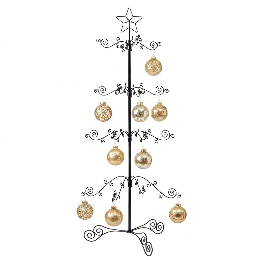 HOHIYA 3.3 Ft Wrought Iron Christmas Tree Ornament Display Stand Metal Holder Hanger Wire Hanging for Halloween Glass Balls Decorations Gift 56 Hooks Black Taiwan Made