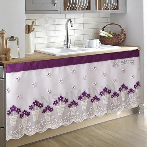 Image of Embroidered Kitchen Sink Curtain with Rod Pocket | Decorative Under Sink Cabinet Curtain | Floral & Peacock Design | Washable Fabric | Size: 150 x 71 CM (White, Pack of 1)