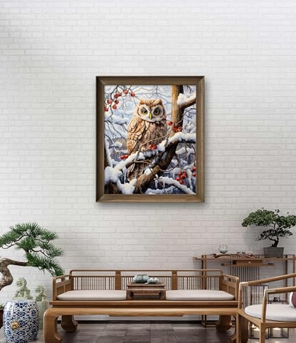 Image of Leczany Cross Stitch Stamped Kit for Beginner - Owl in Snow | DIY Embroidery Starter Patterns Craft Kit Needlepoint for Adults | 11CT, 3 Strands | 14.2x16.5 inches