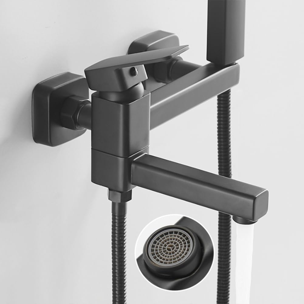 XANAYXWJ Bateria wannowa do montażu na ścianie z HanShower, mosiężna bateria jednouchwytowa, wąż prysznicowy 150 cm, czarna głowica prysznicowa do łazienki i prysznica