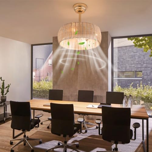 ZealEco Ventilador de techo con pantalla de bambú tejido a mano, 6 velocidades, 3 modos de ventilación, mando a distancia, ahorro de energía, temporizador ajustable, ideal para salón o dormitorio