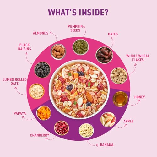 Image of Bagrry's Fruit & Nut Muesli with 30% Real Fruits, Nuts & Cranberries - 400g | 16 Real & Freeze Dried Fruits, Nuts, Seeds & Berries Muesli | No Candy | 38% High Fibre Oats, No Cornflakes | Fibre & Protein Rich Breakfast Cereal
