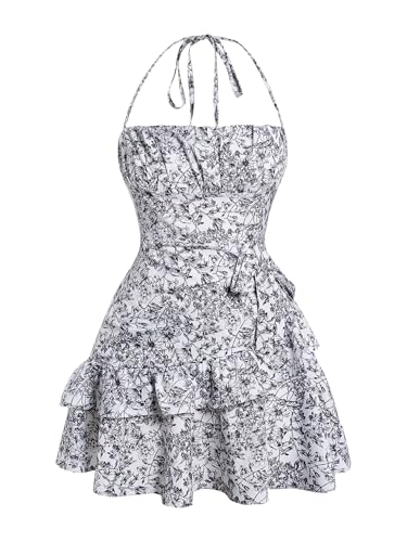 Image of Floerns Women's Floral Halter Ruffle Tiered Cute Summer Mini Dress Milkmaid Vacation Sundress