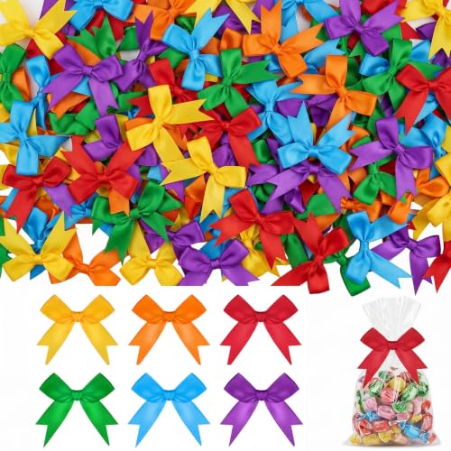Riceshoot 100 Pcs Rainbow Twist Tie Bows, 3.5 Inch Pre-Tied Satin Ribbon