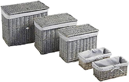 VonHaus Set of 5 Natural Wicker Storage Baskets and Trunks - Display Hamper and Storage for Bathroom, Living Room, Kitchen or Lounge - Decorative Gift Boxes w/Removable, Washable, Striped Lining