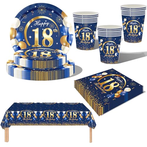 69Pcs Navy Blue Gold 18th Birthday Party Tableware, Blue 18th Birthday Tableware Set with Paper Plates,Napkins Serviette,18th Table Cloth,Paper Cups for Women Men Birthday Party Table Decorations