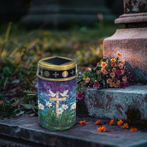 Image of Solar Lighted Cross Pigeon Lily Print Waterproof Solar Grave Outdoor Lights for Cemetery Landscape Path Flamesless Candle Garden Stake Light for Outdoor Yard Patio