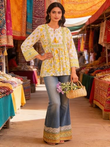 Image of Lymio Women's Printed Short Kurti Top | Rayon Mandarin Collar Casual Ethnic Tunic | Summer Printed Top (K-249)