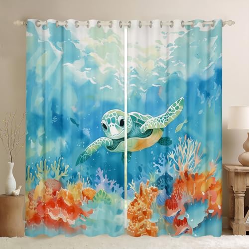 Erosebridal Sea Turtle Blackout Curtains 42' Wx90 L, 2 Panels Coral Darkening Curtains Cartoon Cute Marine Life Window Treatments Drapes for Bedroom Nautical Sea Ocean Underwater Window Drapes