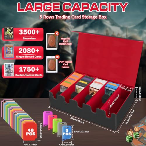 Image of AOBOPLE Trading Card Storage Box,3500+ Card Box Storage with 48 Dividers and 10 Card Supporters PU Leather Magnetic Cards Deck Case for MTG,TCG,Magic and Sport Cards (Black Red)