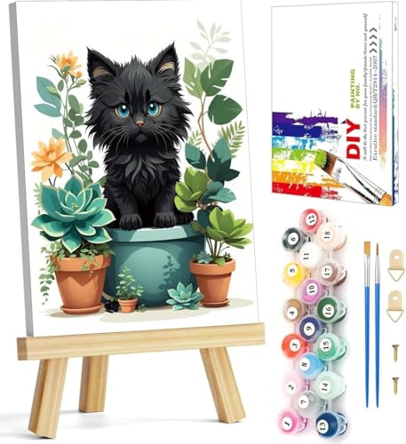 Framed Paint by Numbers Kit for Adults Beginners & Kids Ages 8-12,Black Cat Adult Paint by Number Kits on Canvas Framed with Easel, Acrylic Oil...