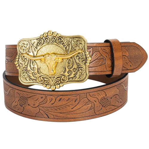 Image of UTOWO Rodeo Western-Longhorn-Bull Cowboy-Belt for Women-Men Bull-Floral-Embossed PU-Leather Cowgirl Waist Belt for Jeans