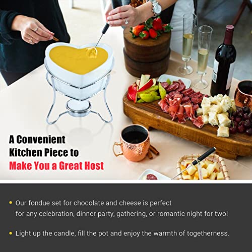 Yumchikel-Elegant Chocolate Fondue Heart Shaped Pot Butter Warmer Bowl Set With 4 Dipping Forks & Tea Light Holder – For The Perfect Melted, Chocolate & Cheese Serving – Fondue Set #TOP4