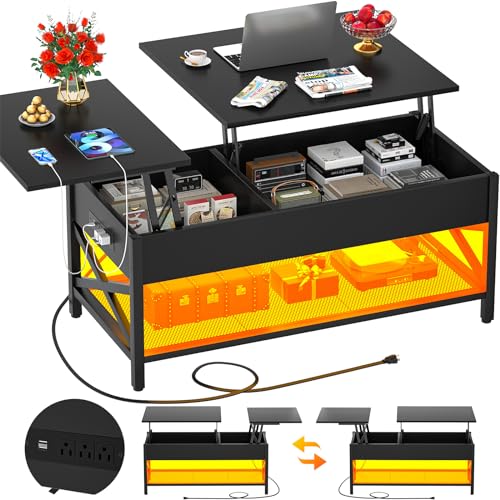 Cyclysio Reversible Lift Top Coffee Table, Living Room Coffee Table with LED Light & Power Outlets,...